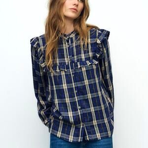 Zara Ruffled Check Plaid Long Sleeve Button Up Shirt Metallic Thread Navy Blue S